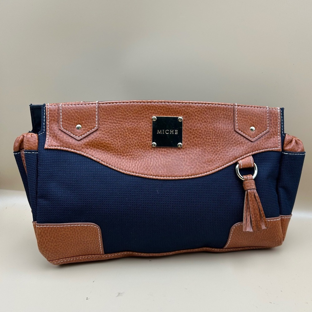 Miche Mavi Classic Shell Navy Blue Cognac Brown Canvas Faux Leather Tassel Bag